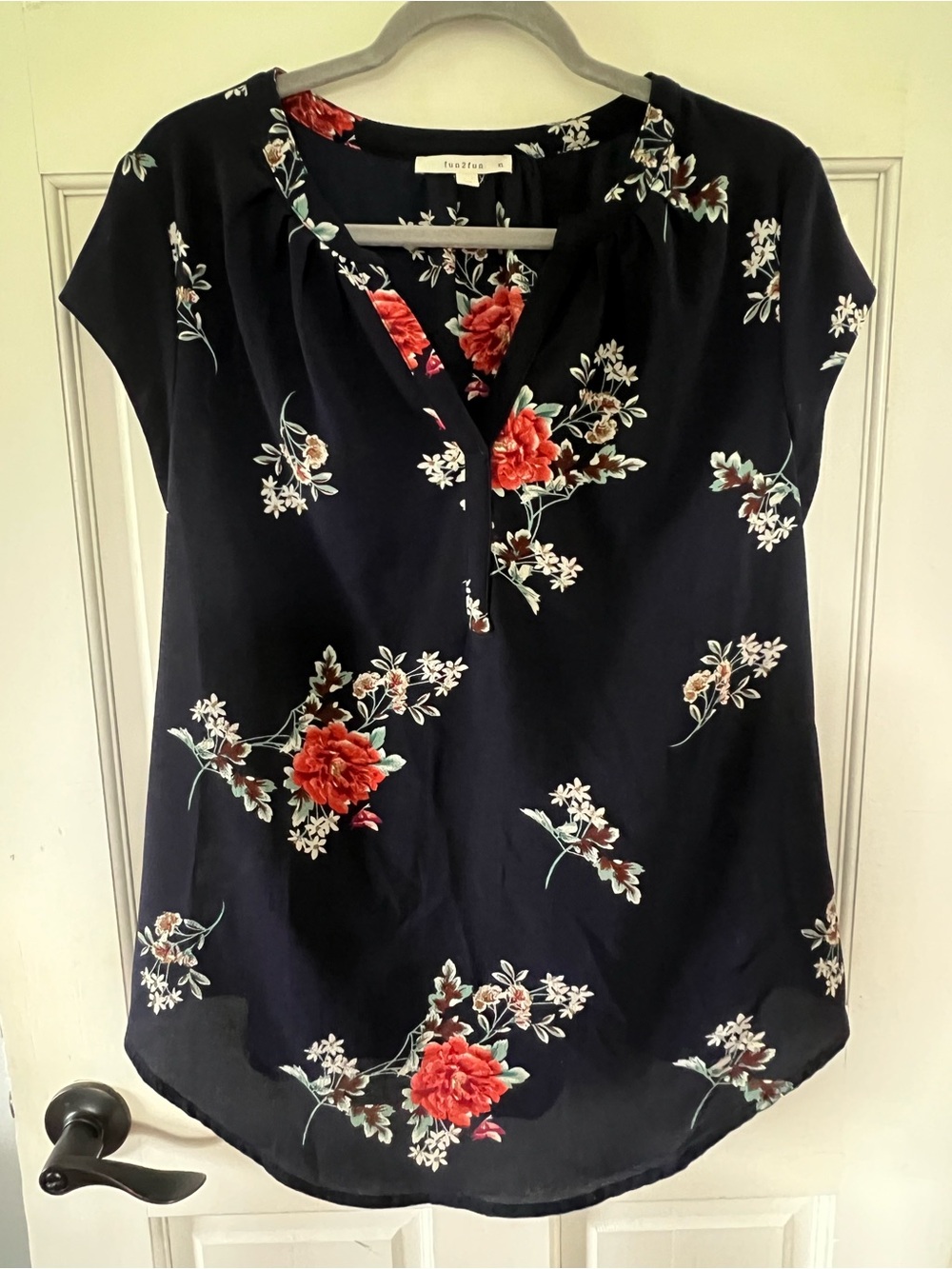 Sanctuary Navy Floral V-Neck Cap-Sleeve Blouse with Red Floral Accents